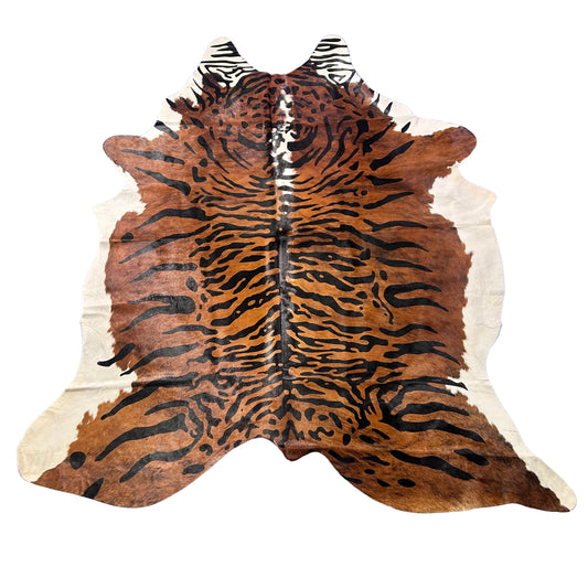 Java Tiger with White Belly and Spine Cowhide Rug Size: 8x7 feet Z-359