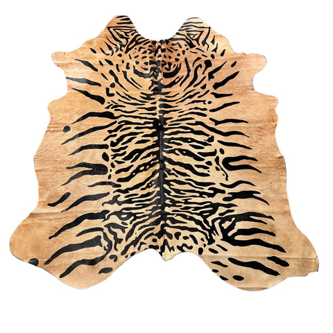 Java Tiger with Beige background Cowhide Rug Size: 7.7x6.5 feet Z-383