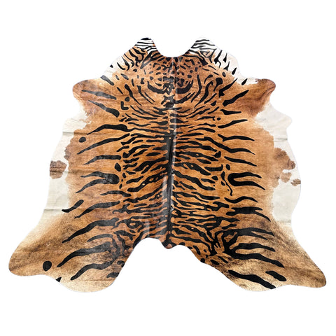 Java Tiger with Brindle Background Cowhide Rug Size: 7.5x7 feet Z-385