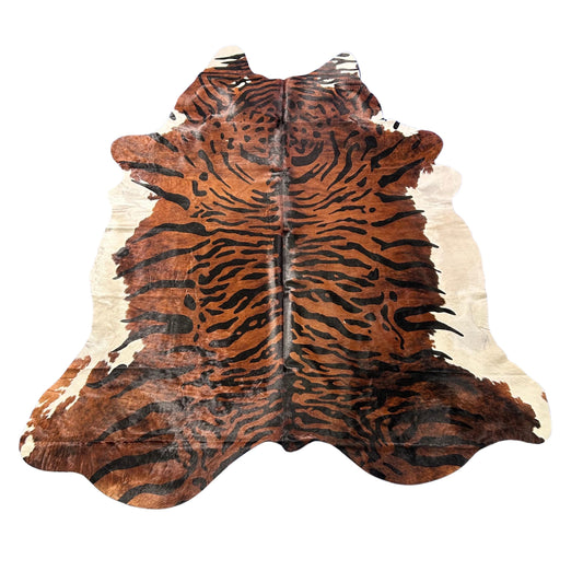 Java Tiger Cowhide Rug Dark Background (heavy hide) Size: 7x6.5 feet Z-389