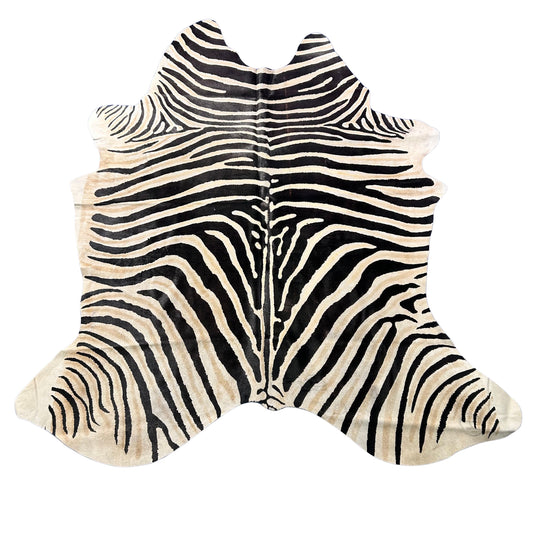 Genuine Zebra Print Cowhide Rug (1 small patch/ hard to see fire brands) Size: 7x6.2 feet Z-396