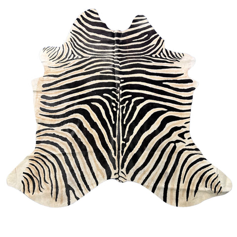 Genuine Zebra Print Cowhide Rug (1 small patch/ hard to see fire brands) Size: 7x6.2 feet Z-396