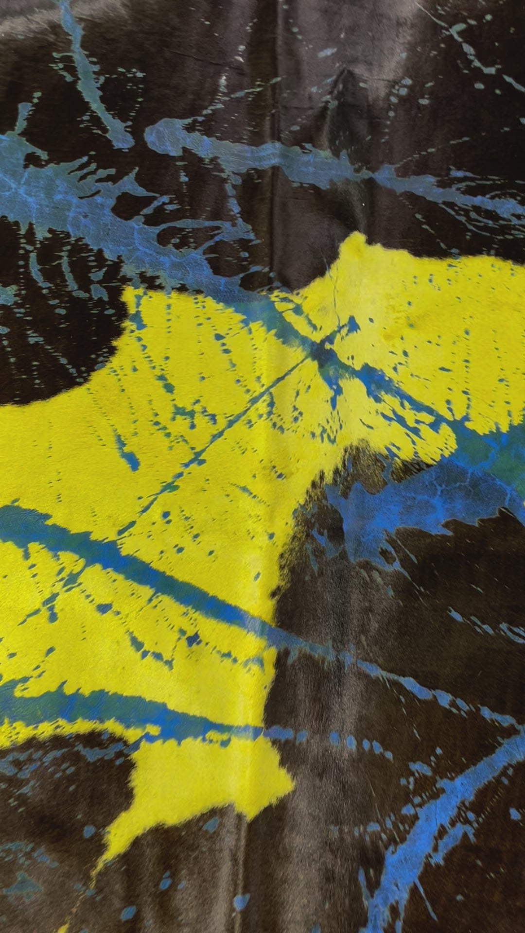 Huge Dyed Yellow Cowhide Rug with Abstract Blue Acid Washed Lines (HUGE!!!) Size: 8x7 feet D-432