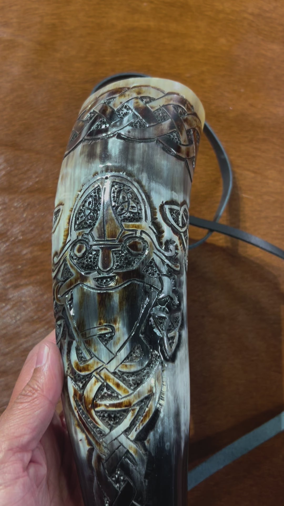 Viking Blow Horn - Viking Warrior Scrimshaw Blowhorn- Leather Strap Included