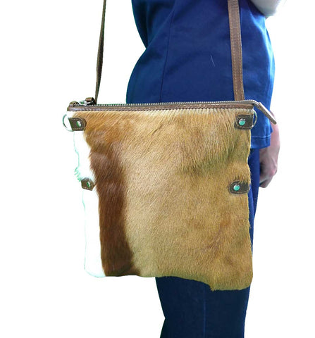Springbok Skin Handbag Genuine Leather Springbok Hand Bag Mini Foldover Zip Top 12x10x0.5 inches