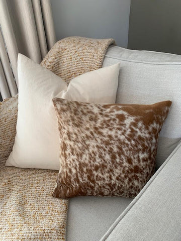 Speckled Caramel and White Cowhide Pillow Cover - Square - Size: 16 in x 16 in