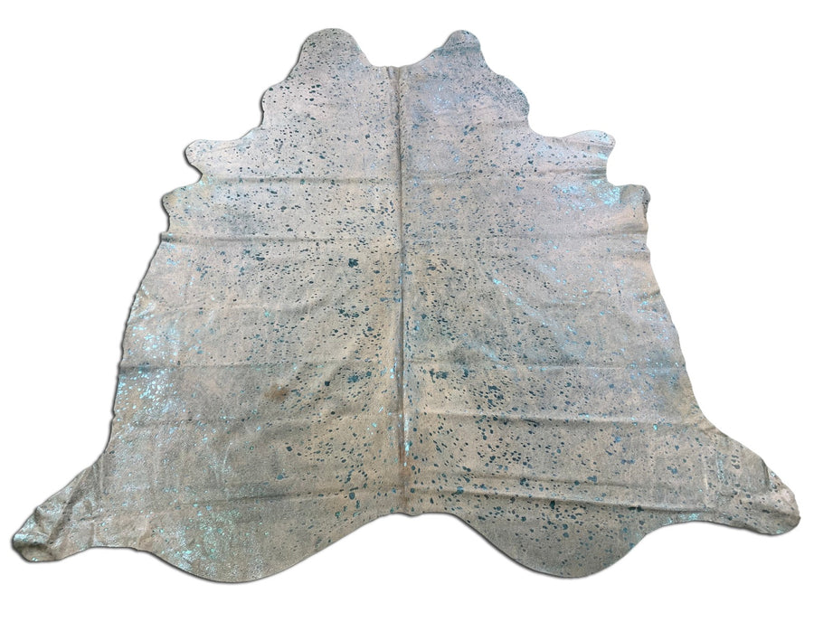 Turquoise Metallic Cowhide Rug Size: Approx. 8' X 6 1/2' Beige/Blue Acid Washed Cowhide Rug