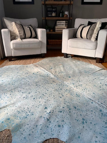Turquoise Metallic Cowhide Rug Size: 8' X 7' Beige/Blue Acid Washed Cowhide Rug P-097