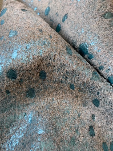 Turquoise Metallic Cowhide Rug Size: Approx. 8' X 6 1/2' Beige/Blue Acid Washed Cowhide Rug
