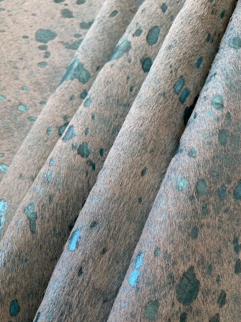 Turquoise Metallic Cowhide Rug Size: Approx. 8' X 6 1/2' Beige/Blue Acid Washed Cowhide Rug