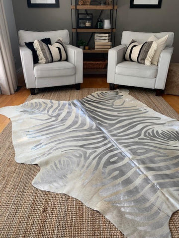Silver Zebra Cowhide Rug - Size: 7 1/4' X 6 1/2' A-1506