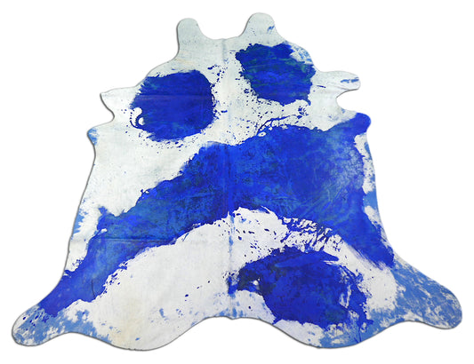 Blue/White Cowhide Rug: 7.5' X 7' Acid Washed on Off-White Cow Hide Rug C-205