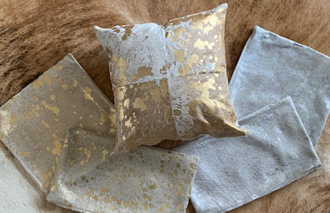Gold Acid Washed Cowhide Pillow Cover - Square - Size: 16 in x 16 in