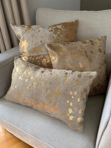 Gold Acid Washed Cowhide Pillow Cover - Lumbar - Size: 20 in x 11.5 in