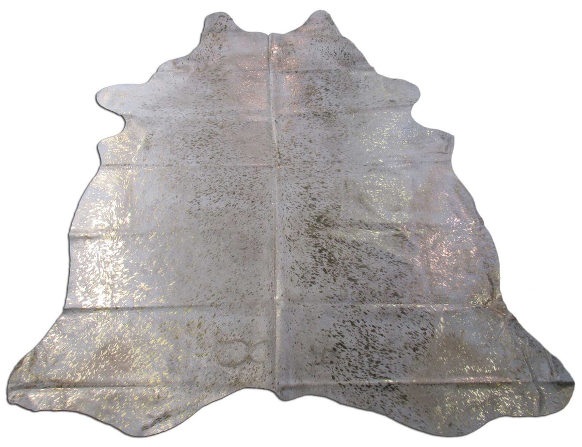 Gold Metallic Cowhide Rug (very large, spots are very small, fire brands) Size: 8x7 1/4 feet B-242