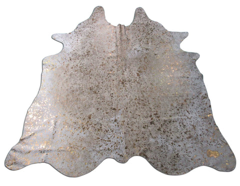 Acid Washed Cowhide Rug with Bronze Metallic (background is light beige and white) Size: 7.5x6.5 feet B-281