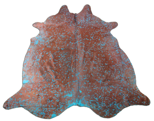 Brown Cowhide Rug with Blue Dyed Acid Washed Size: 7.5x6.7 feet B-298