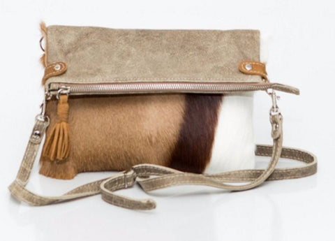 Springbok Skin Handbag Genuine Leather Springbok Hand Bag Mini Foldover Zip Top 12x10x0.5 inches