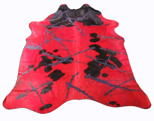 Red Cowhide Rug, Dyed Red with Purple Acid Wash Cowhide Rug - Size : 7 1/4x 6 1/2 FT - # C-1326