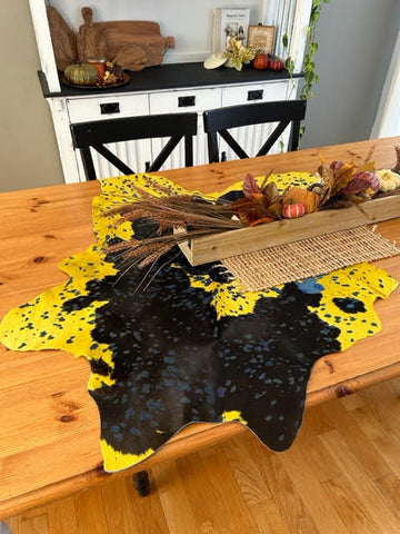 Black & White Calf Skin Table Runner, Yellow Acid Washed Calf Skin Table Runner, Distressed Calfskin - Average Size: 40" x 30"