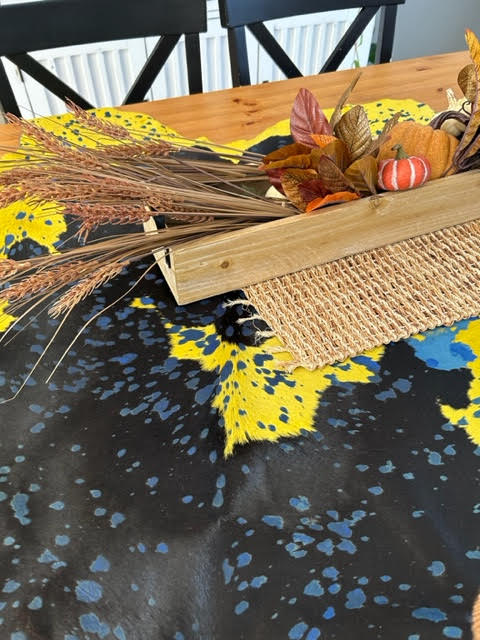 Black & White Calf Skin Table Runner, Yellow Acid Washed Calf Skin Table Runner, Distressed Calfskin - Average Size: 40" x 30"