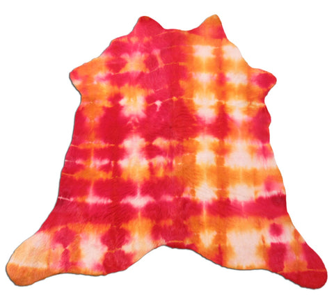 Tapis en cuir de veau teinté rouge Tie-Dye Taille : 34" X 34" Mini tapis en cuir de veau rouge/jaune C-1176