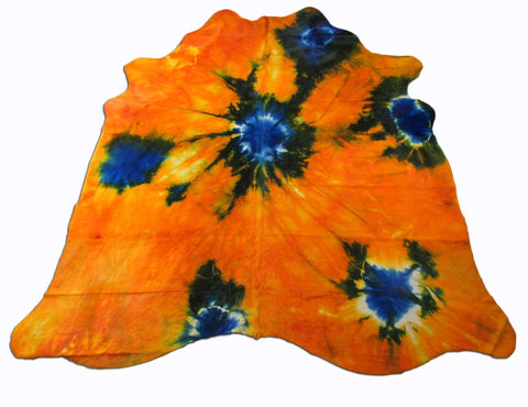 Tie Dye Cowhide Rug Size: 7 1/2' X 7 1/2' Orange with Blue Tie-Dye Cowhide Rug C-1320