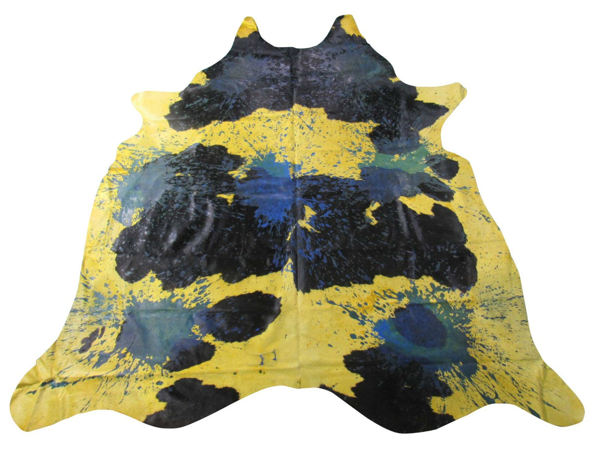 Dyed Yellow and Blue Acid Washed Cowhide Rug Size: 7.75x7.25 feet C-1343