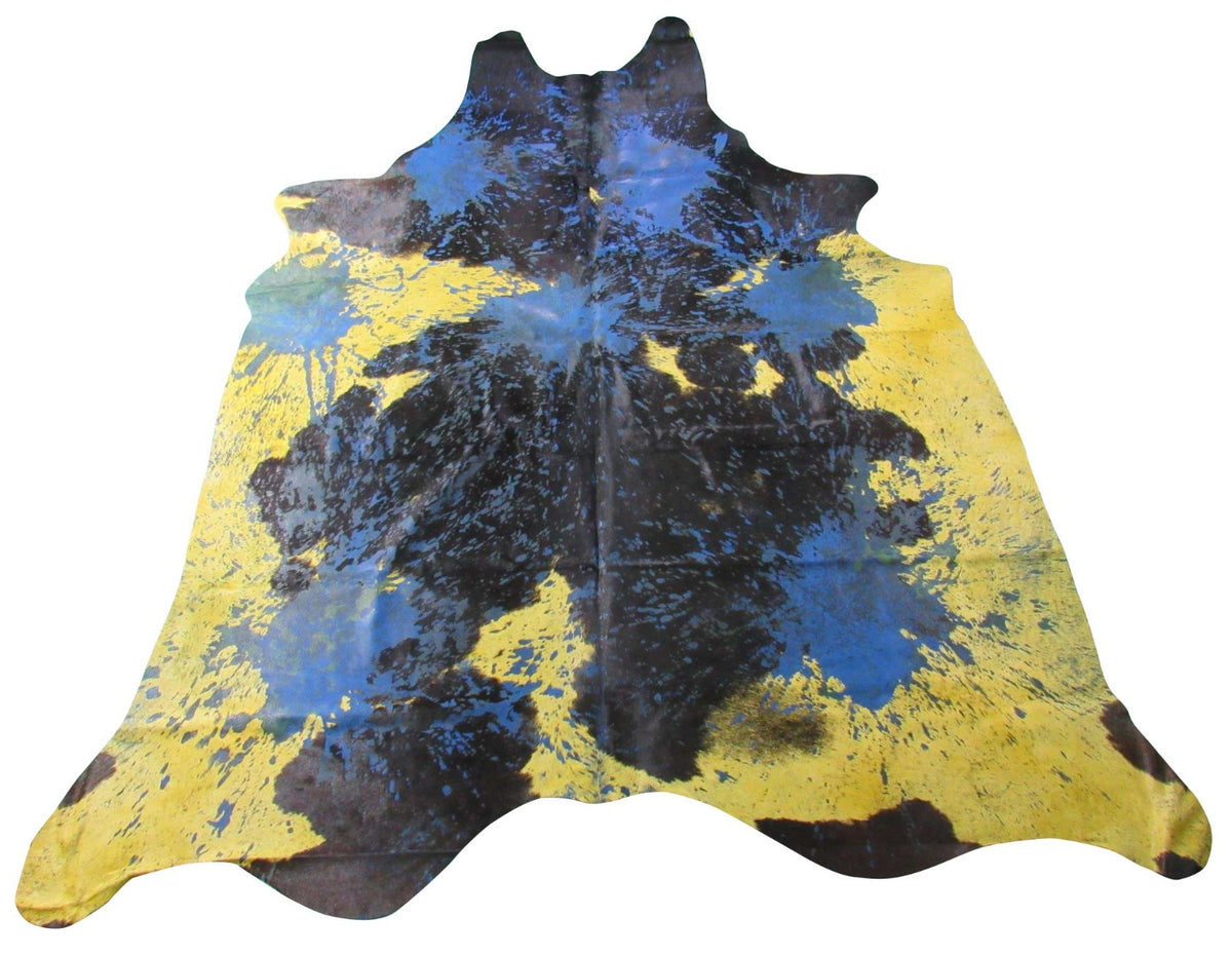 Dyed Yellow and Blue Acid Washed Cowhide Rug Size: 8x7.25 feet C-1344