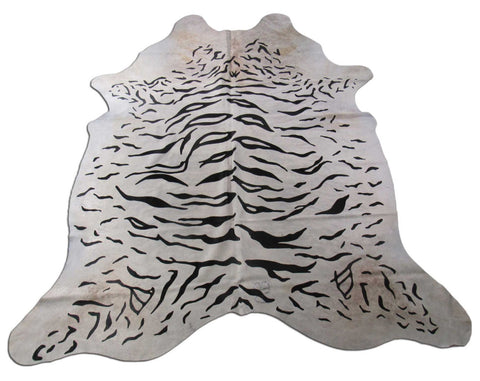 Tiger Print Cowhide Rug on Light Grey Brindle Size: 7 1/4' x 6 1/2' C-1350