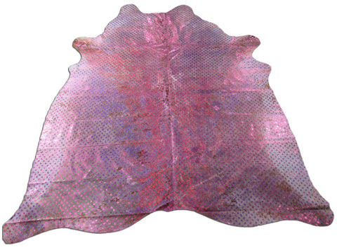 Tapis en cuir de vache violet/rosé Fleurs métalliques (holographiques - changent de couleur sous différents angles) Taille : 7x7 pieds C-1367