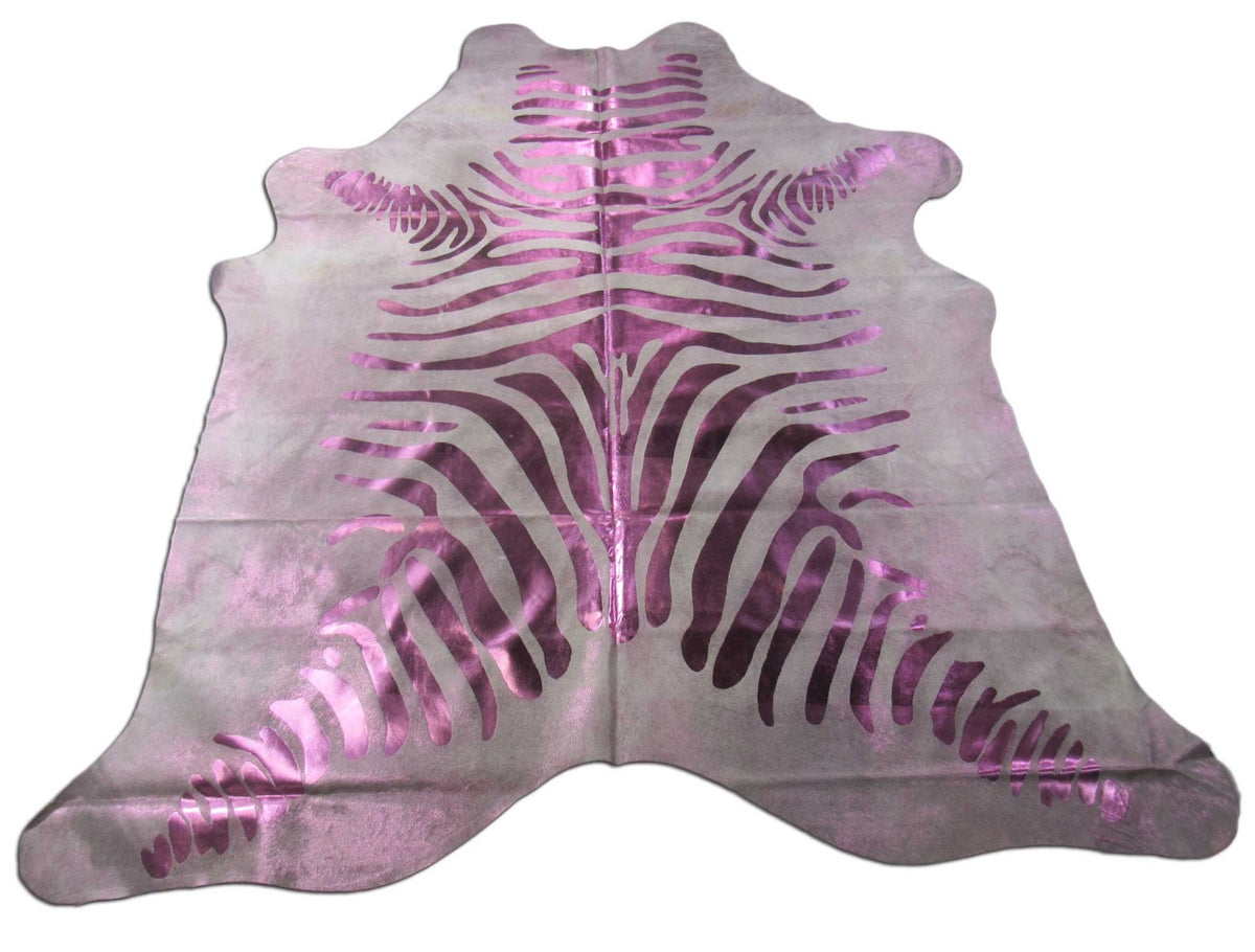 Metallic Pink Zebra Print Cowhide Rug Size: 7 1/4' X 7' Cream/Pink Zebra Acid Washed Cowhide Rug C-1368