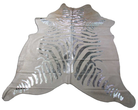 Silver Metallic Zebra Cowhide Rug (1 patch and neck is a bit darker) Size: 7.25x6.75 feet C-1415