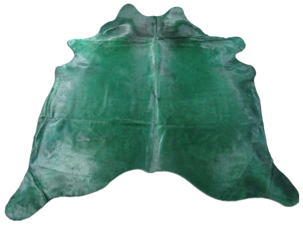 Dyed Emerald Green Cowhide Rug (hard to see fire brands - numbers/ patch) Size: 7 1/2x7 1/4 feet C-1437