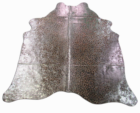 Leopard Print Cowhide Rug with Silver Metallic Acid Washed Size: 6.5x6 feet C-1439