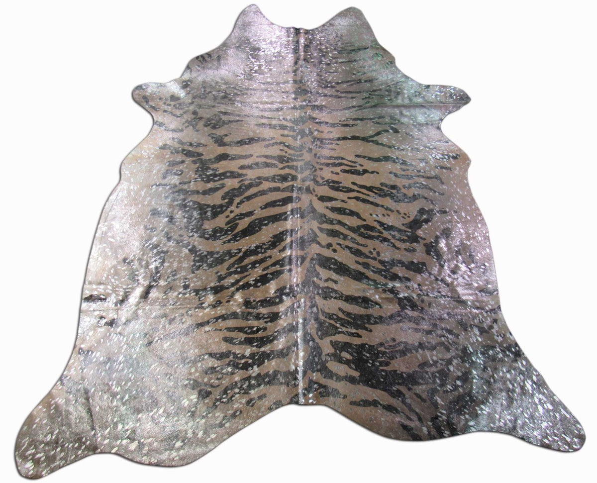 Tiger Print Cowhide Rug with Silver Acid Washed Size: 7 1/2x6 1/4 feet C-1443