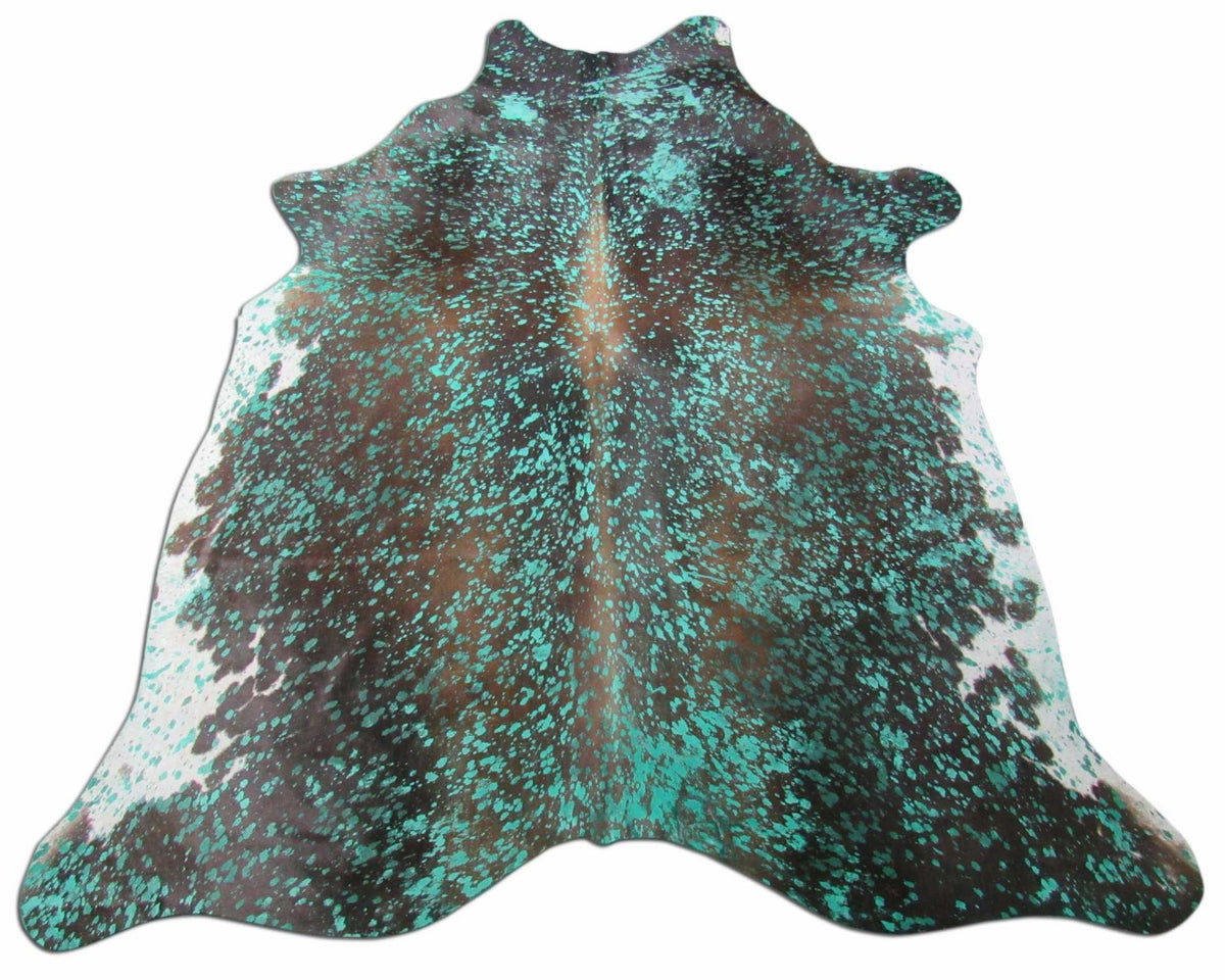 Gorgeous Brown Cowhide Rug with Green Turquoise Dyed & Acid Washed Size: 7 1/4x6 1/4 feet C-1444