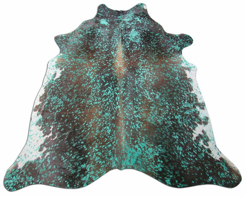 Gorgeous Brown Cowhide Rug with Green Turquoise Dyed & Acid Washed Size: 7 1/4x6 1/4 feet C-1444