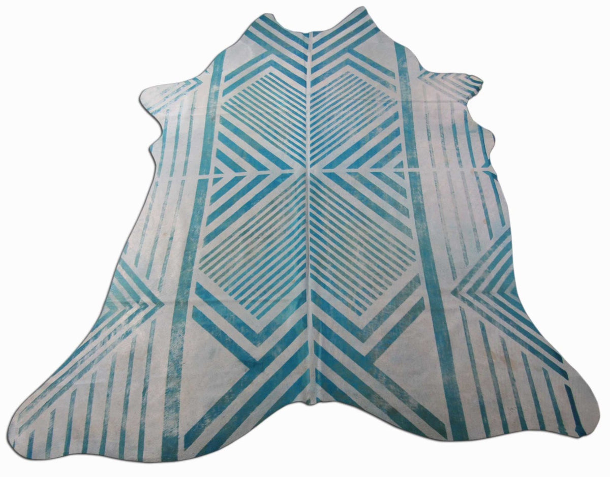 Geometric Pattern Cowhide Rug in Turquoise Size: 7.5x6.5 feet C-1445