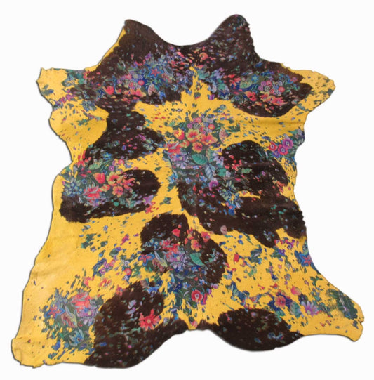 Dyed Yellow Calf Skin Rug with Floral Pattern Size: 39x31 inches C-1450