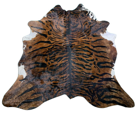 Dark Brindle Cowhide Rug with Tiger Print Size: 7x6 feet C-1493