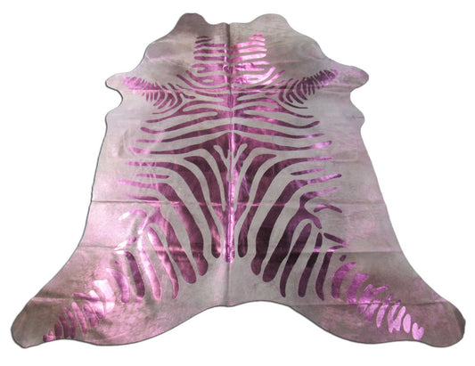 Pink Metallic Zebra Cowhide Rug Size: 7.5x7 feet C-1560