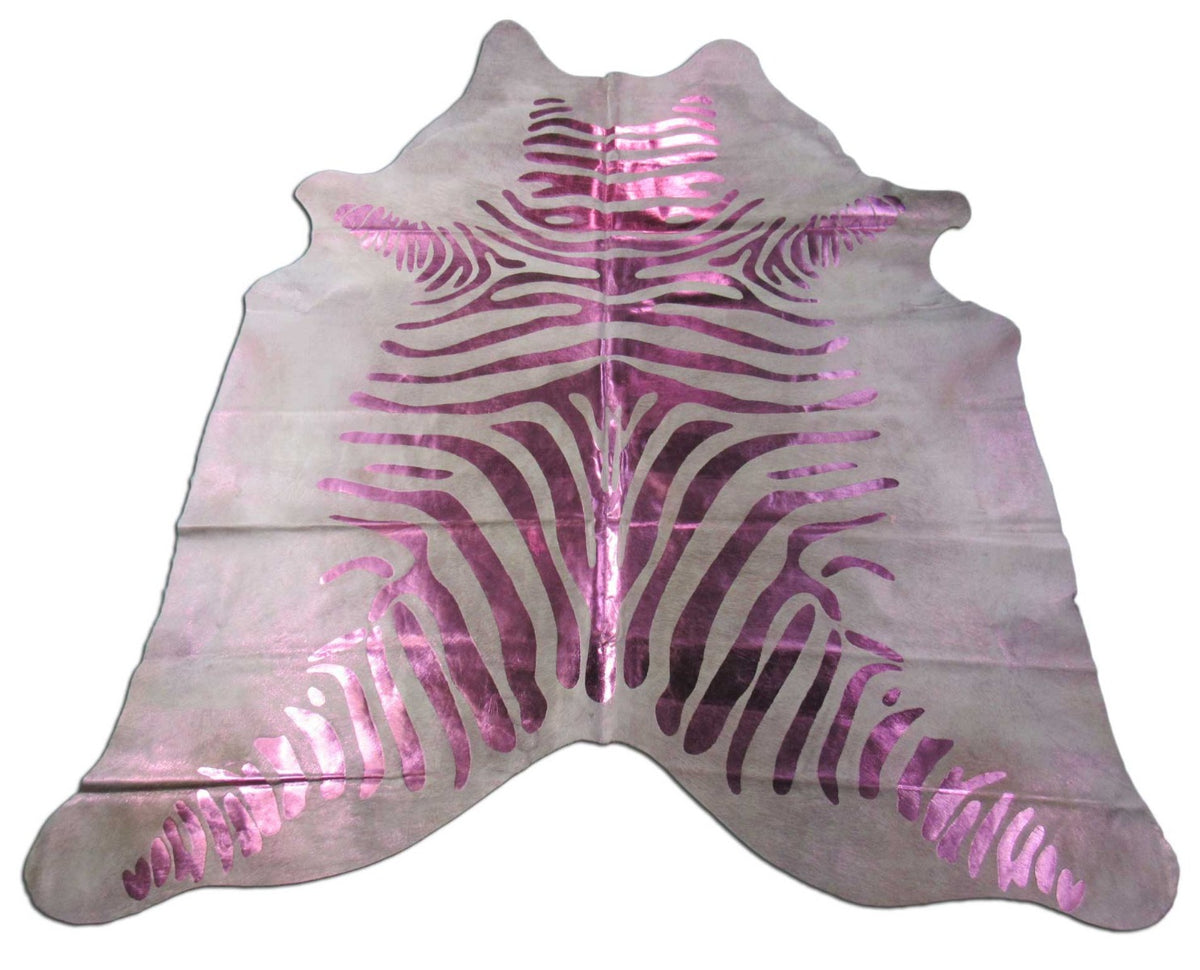 Pink Metallic Zebra Cowhide Rug Size: 7.5x7 feet C-1561