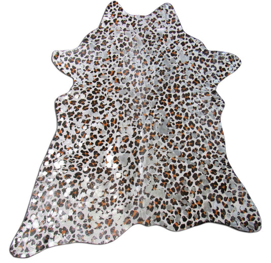 Leopard Print Calf Skin Rug with Silver Metallic Acid Washed Size: 40x32" C-1566