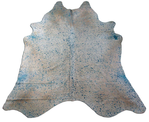 Huge Light Beige Cowhide Rug with Blue Turquoise Acid Washed Size: 9x7.5 feet C-1578