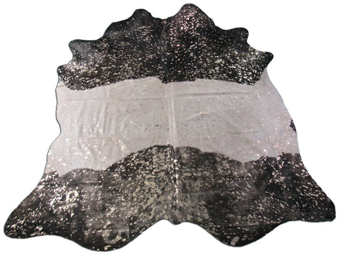 Black & White Cowhide Rug with Rose Gold Metallic (some patches) Size: 7x6 3/4 feet C-1579