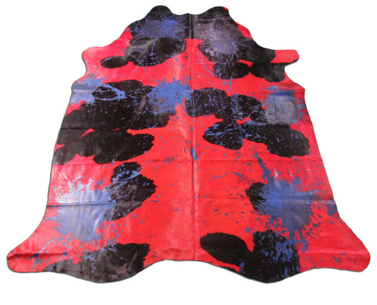 Black & White Dyed Red Cowhide Rug with Blue Acid Washed Spots - Size: 7.5x6.5 feet C-1582