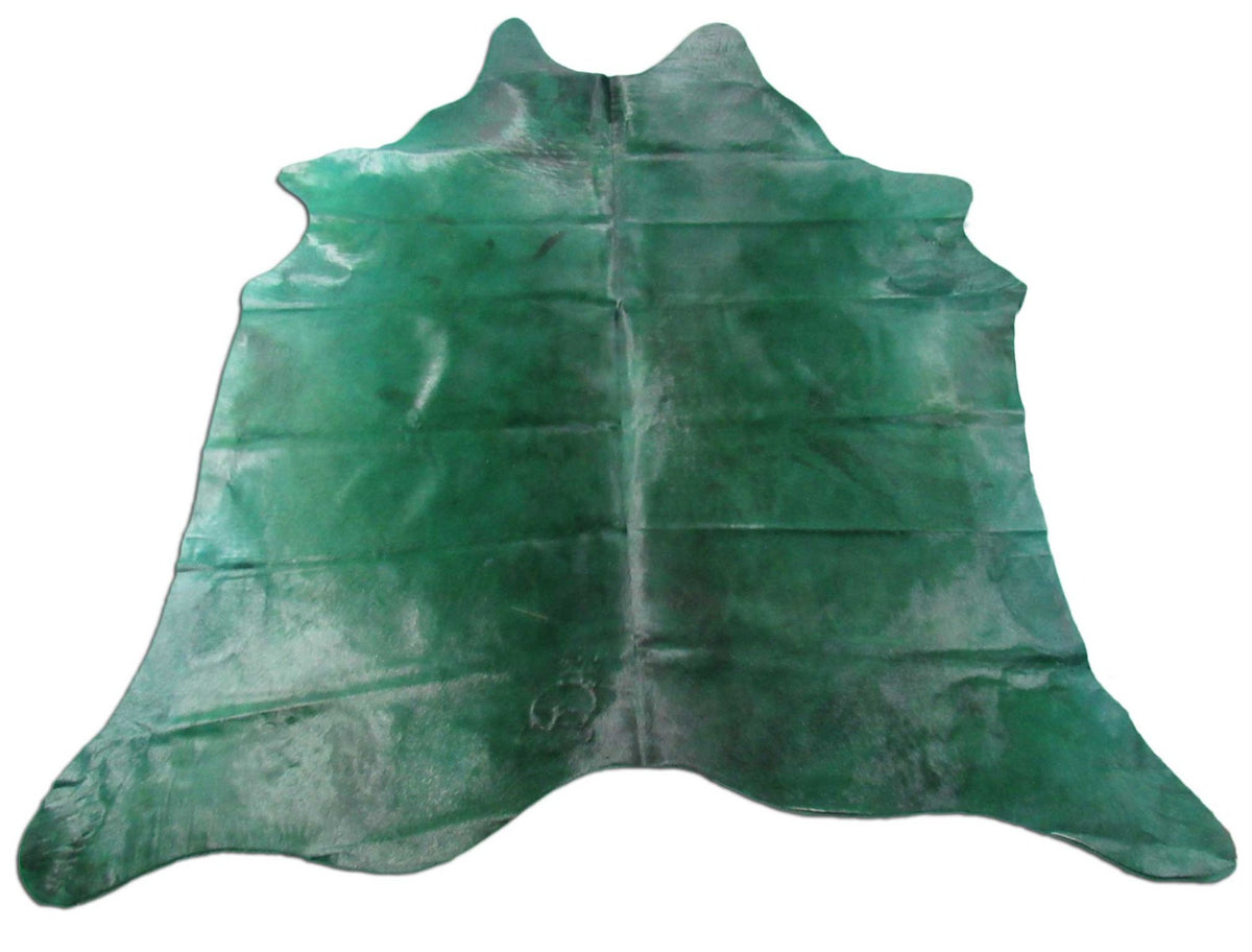 Emerald Green Dyed Cowhide Rug (color not 100% even/has spots see video/1 small hole) Size: 7' x 7' C-1595