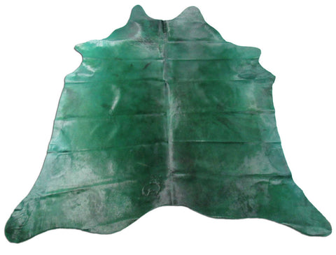 Emerald Green Dyed Cowhide Rug (color not 100% even/has spots see video/1 small hole) Size: 7' x 7' C-1595