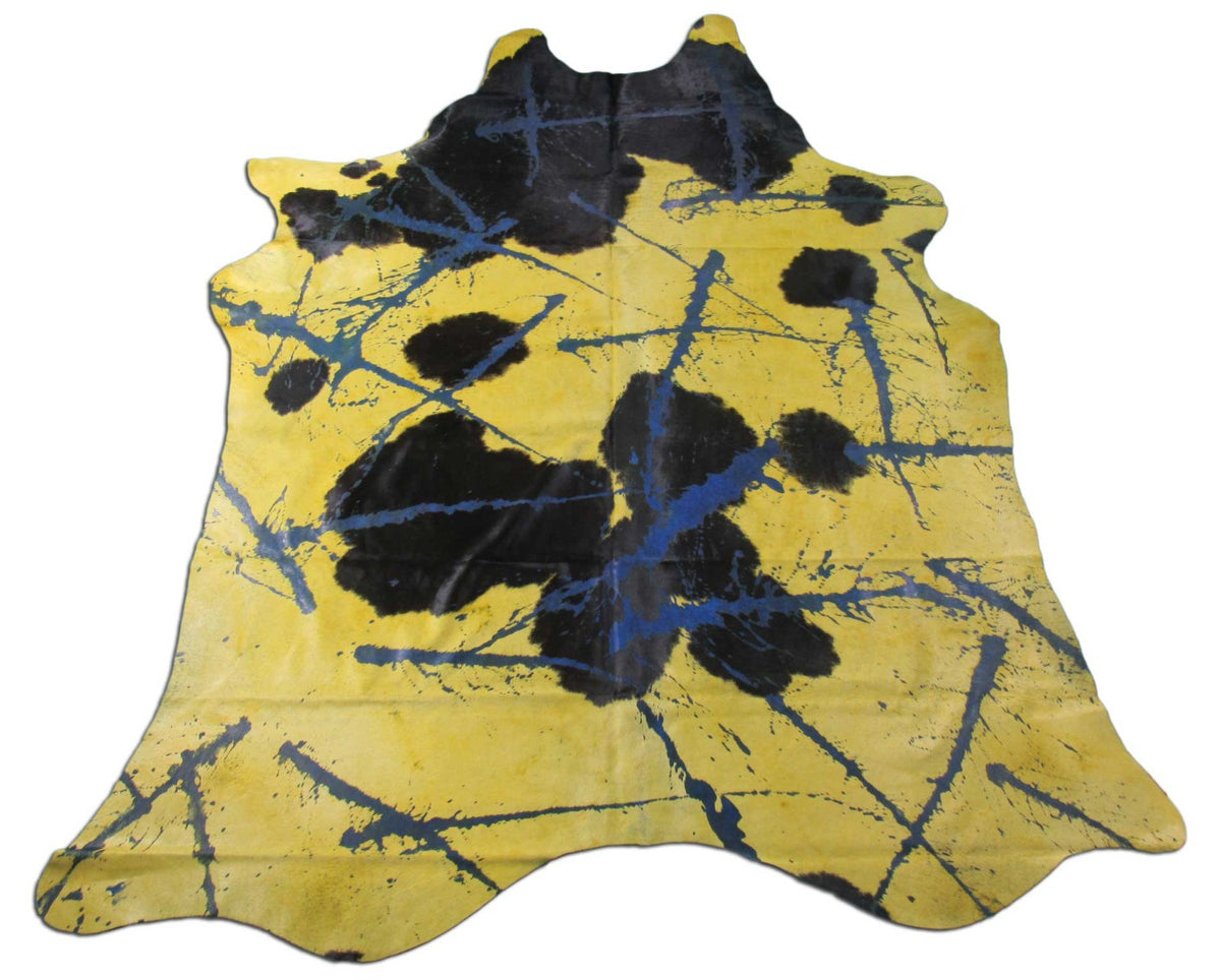 Large Dyed Yellow Cowhide Rug with Abstract Blue Acid Washed Lines (Large size) Size: 8 1/4x7 feet C-1633